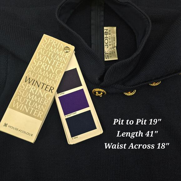 Vintage St. John Collection by Marie Gray Navy Knit Dress Gold Anchor Button - Picture 5 of 5